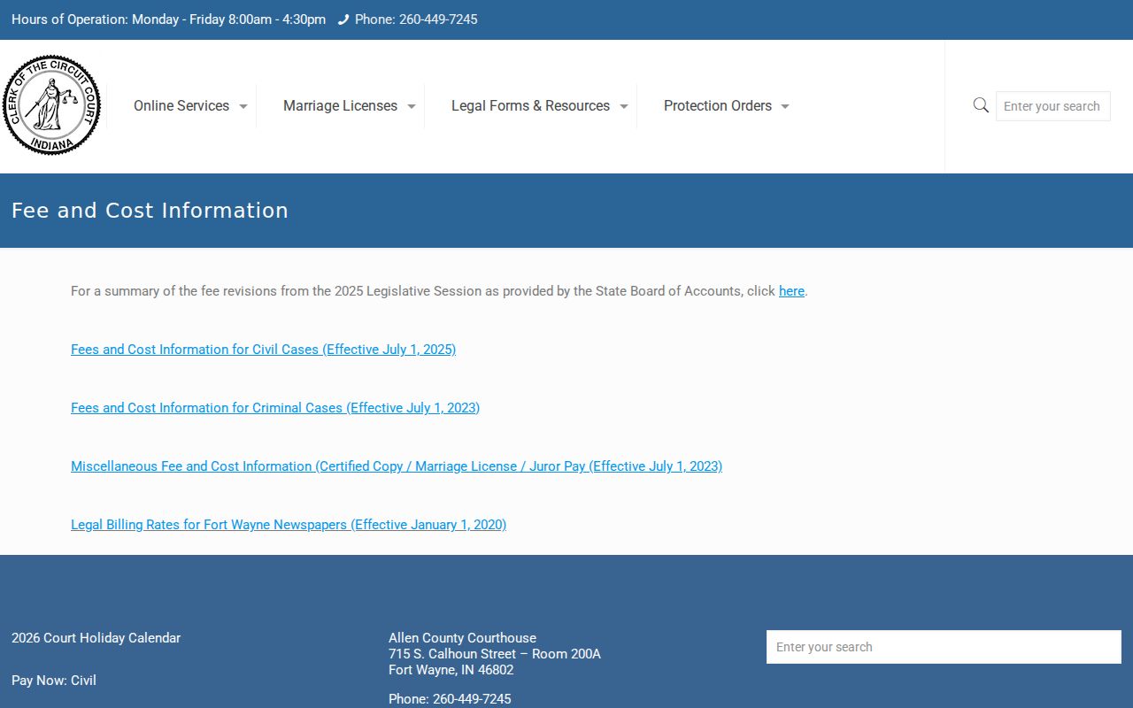 Allen County Clerk civil fee information