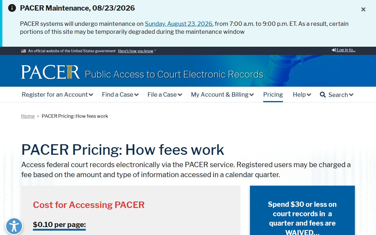 PACER federal civil docket pricing information