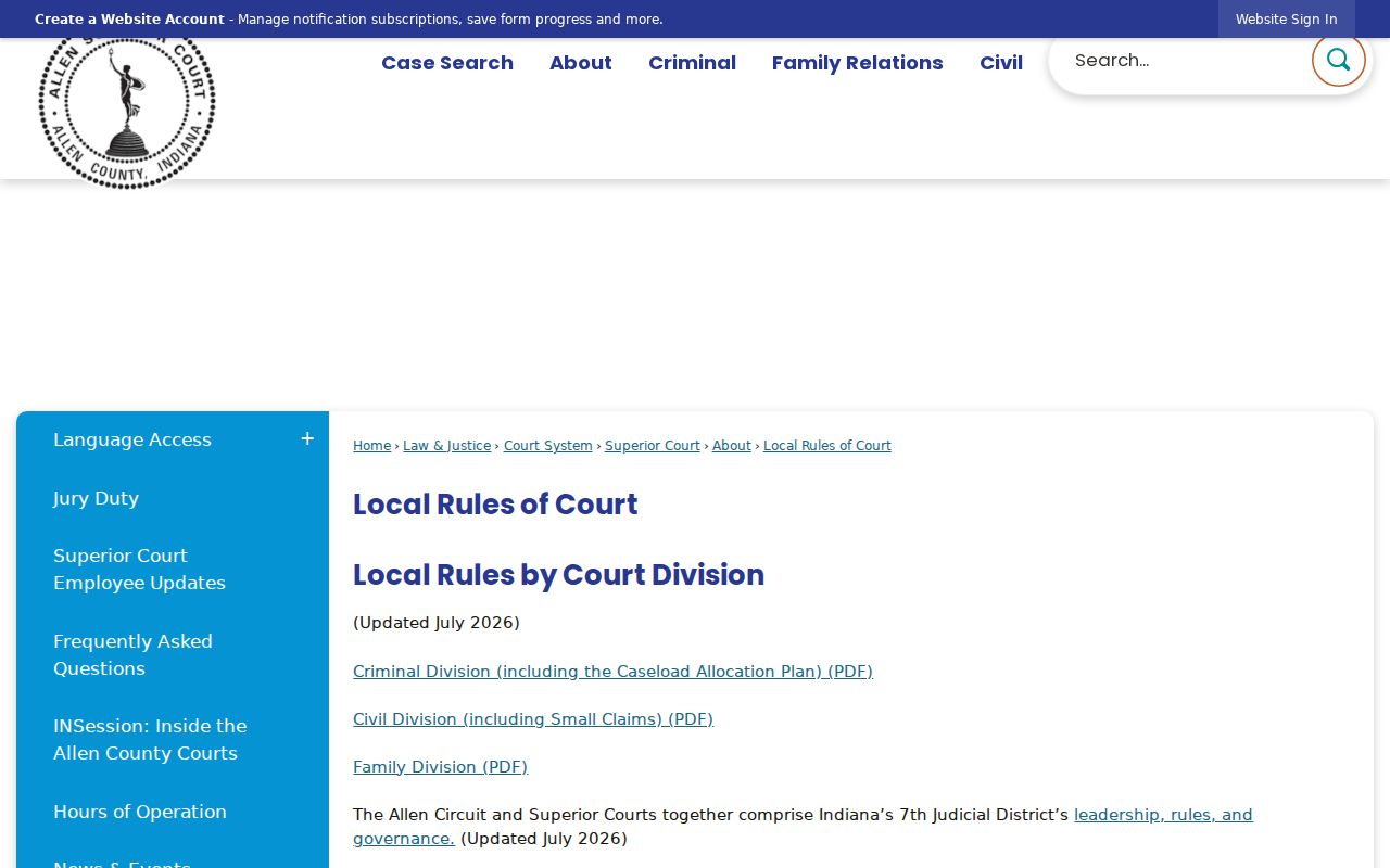 Allen County local court rules for hearing settings
