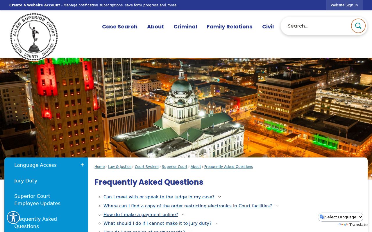 Allen County FAQ directing court records to the Clerk
