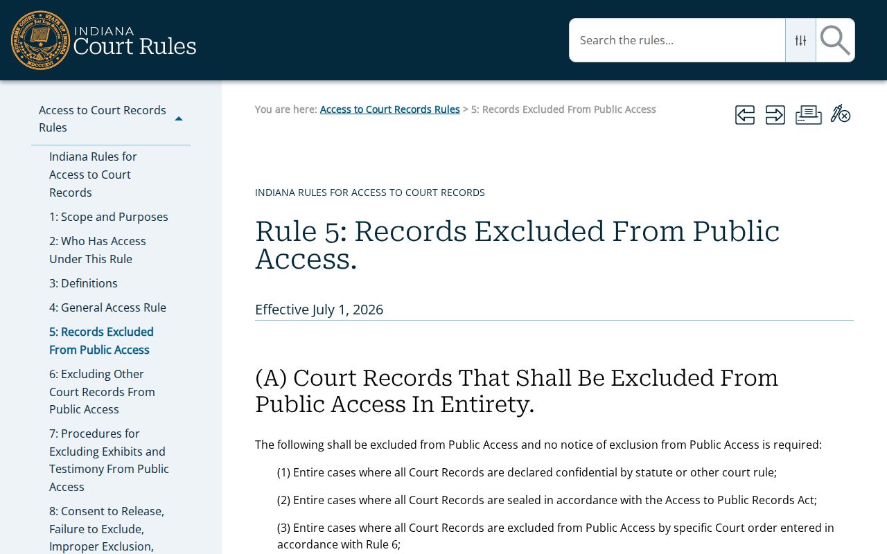Indiana Rule 5 excluded court records